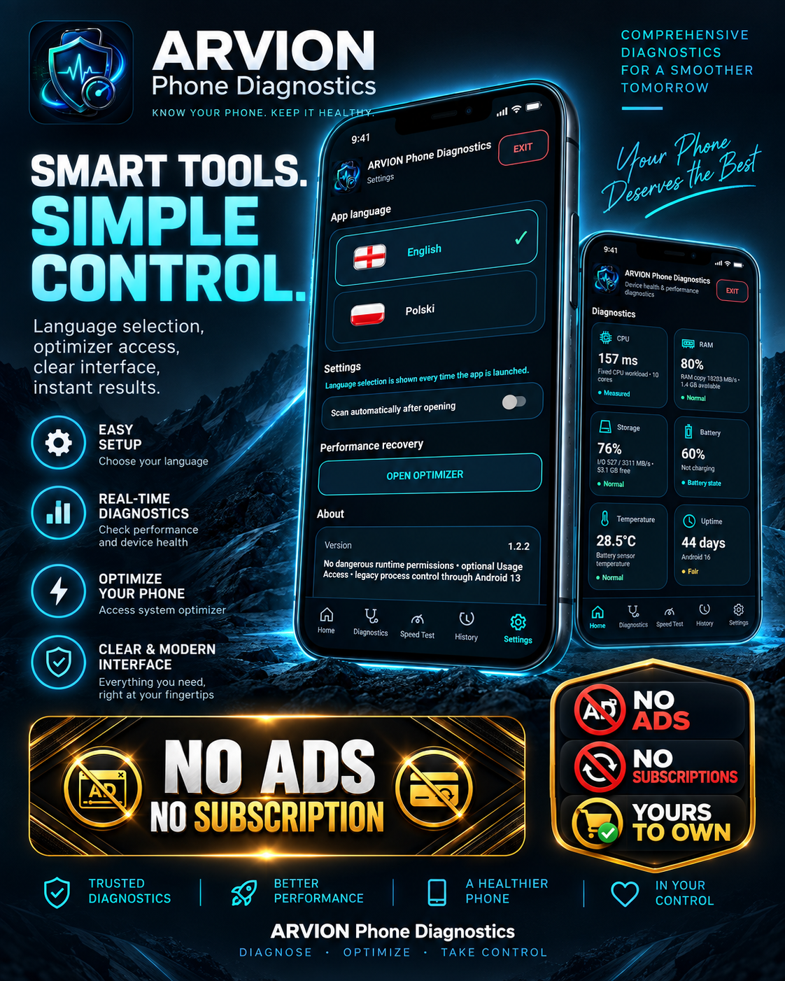 ARVION Phone Diagnostics Android settings optimizer and device diagnostics interface